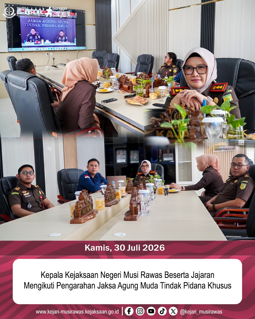Kepala Kejaksaan Negeri Musi Rawas Dr Ema Siti Huzaemah Ahmad SH MH Beserta Jajaran Mengikuti Pengarahan Jaksa Agung Muda Tindak Pidana Khusus Dr Kuntadi SH MH