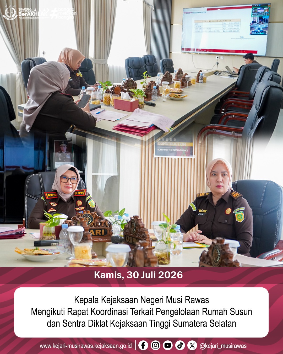 Kepala Kejaksaan Negeri Musi Rawas Dr Ema Siti Huzaemah Ahmad SH MH Beserta Kasubagbin Rila Febriana SH MH Mengikuti Rapat Koordinasi Terkait Pengelolaan Rumah Susun dan Sentra Diklat Kejaksaan Tinggi Sumatera Selatan
