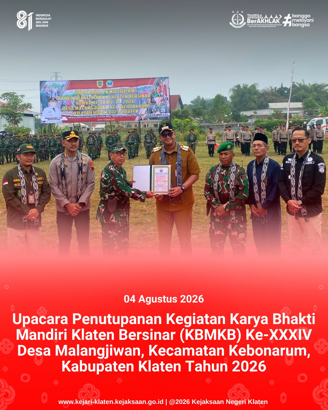 Upacara Penutupanan Kegiatan Karya Bhakti Mandiri Klaten Bersinar KBMKB) Ke-XXXIV Desa Malangjiwan Kecamatan Kebonarum Kabupaten Klaten Tahun 2026