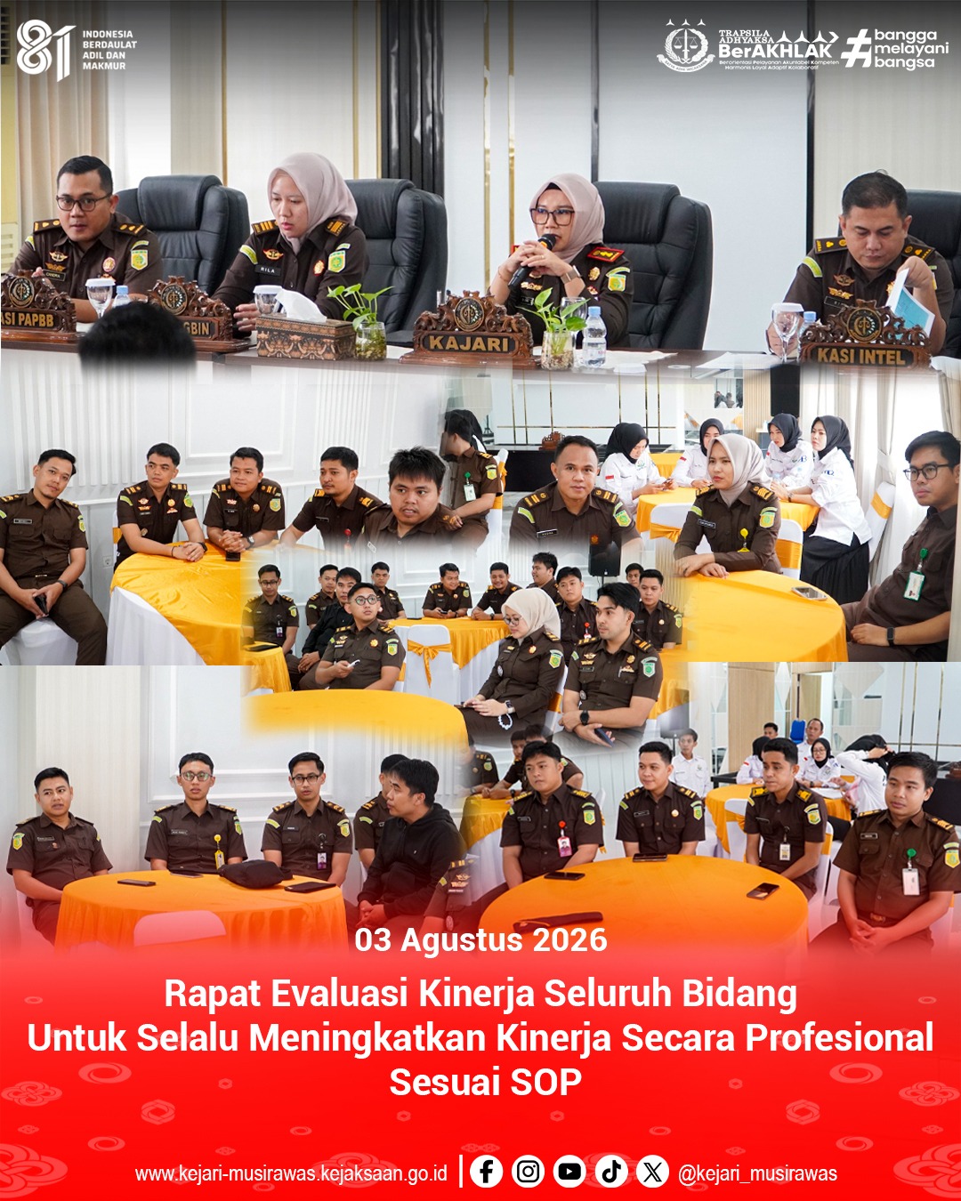 Kepala Kejaksaan Negeri Musi Rawas Dr Ema Siti Huzaemah Ahmad SH MH Memimpin Rapat Evaluasi Kinerja Seluruh Bidang Untuk Selalu Meningkatkan Kinerja Secara Profesional Sesuai SOP