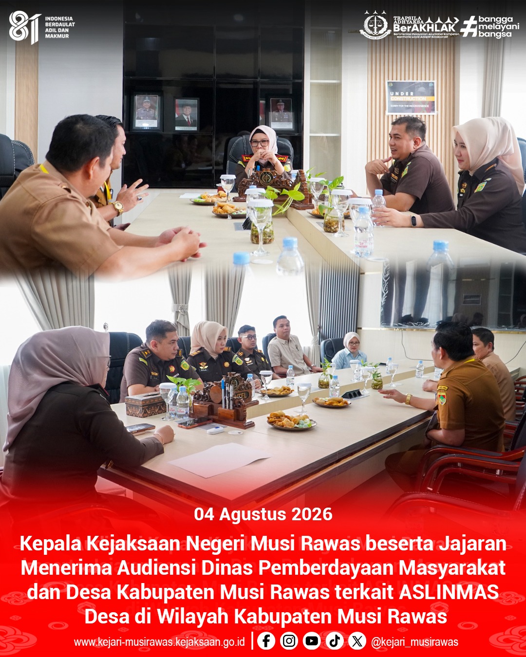 Kepala Kejaksaan Negeri Musi Rawas beserta Jajaran Menerima Audiensi Dinas Pemberdayaan Masyarakat dan Desa Kabupaten Musi Rawas terkait ASLINMAS Desa di Wilayah Kabupaten Musi Rawas