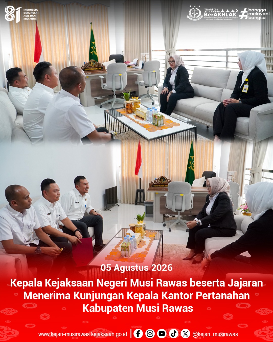 Kepala Kejaksaan Negeri Musi Rawas Dr Ema Siti Huzaemah Ahmad SH MH beserta Plt Kepala Seksi Perdata dan Tata Usaha Negara Rila Febriana SH MH menerima Kunjungan Kepala Kantor Pertanahan Kabupaten Musi Rawas