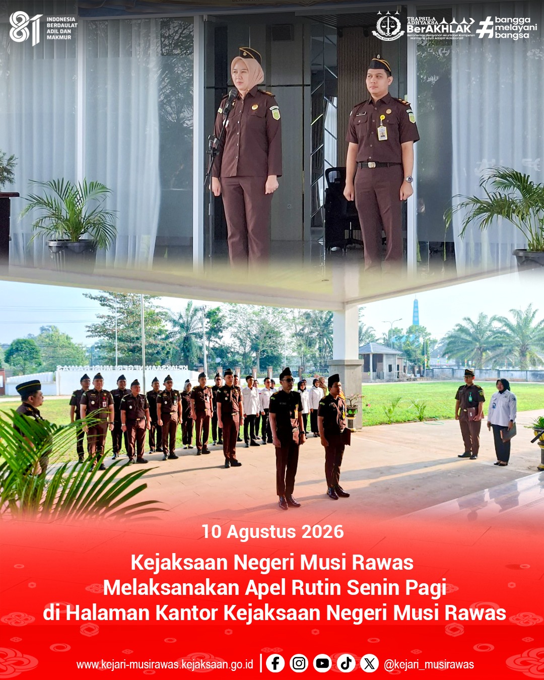 Kepala Subbagian Pembinaan Kejaksaan Negeri Musi Rawas Rila Febriana SH MH bertindak sebagai penerima apel senin pagi jajaran Kejaksaan Negeri Musi Rawas