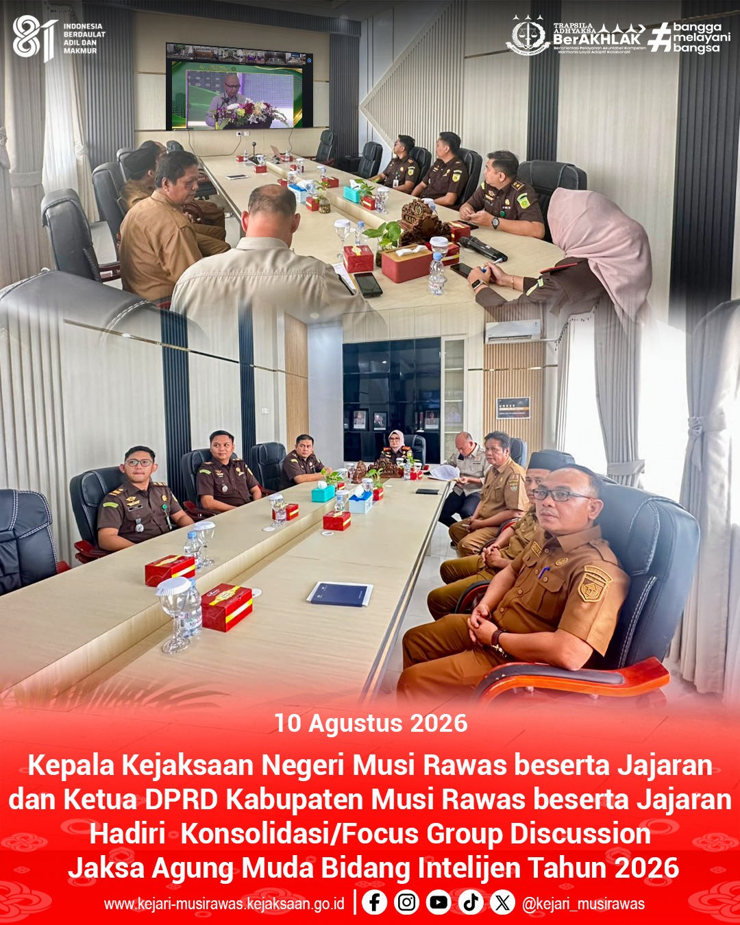 Kepala Kejaksaan Negeri Musi Rawas Dr Ema Siti Huzaemah Ahmad SH MH beserta Kepala Seksi Intelijen Rio Purnama SH MH dan jajaran serta Ketua DPRD Kab Musi Rawas mengikuti zoom meeting FGD bersama JAM Intel