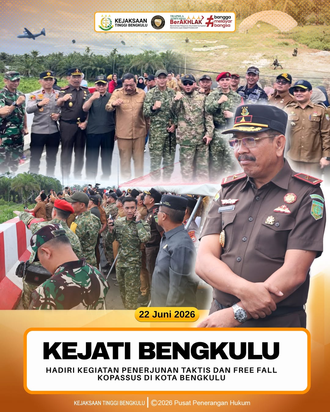Kepala Kejaksaan Tinggi Bengkulu Hadiri Kegiatan Penerjunan Taktis dan Free Fall Kopassus di Kota Bengkulu