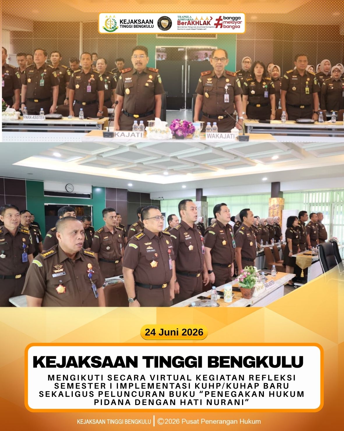 Kejaksaan Tinggi Bengkulu mengikuti secara virtual kegiatan refleksi semester I implementasi KUHPKUHAP baru