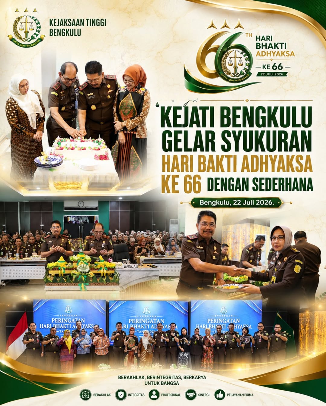Kejaksaan Tinggi Bengkulu Gelar Syukuran Hari Bakti Adhyaksa ke-66 dengan Sederhana