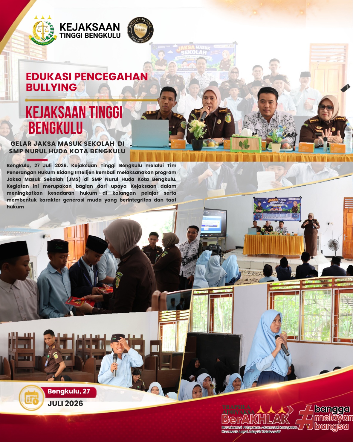 Kejaksaan Tinggi Bengkulu Kembali Gelar Jaksa Masuk Sekolah Edukasi Pencegahan Bullying di SMP Nurul Huda Kota Bengkulu