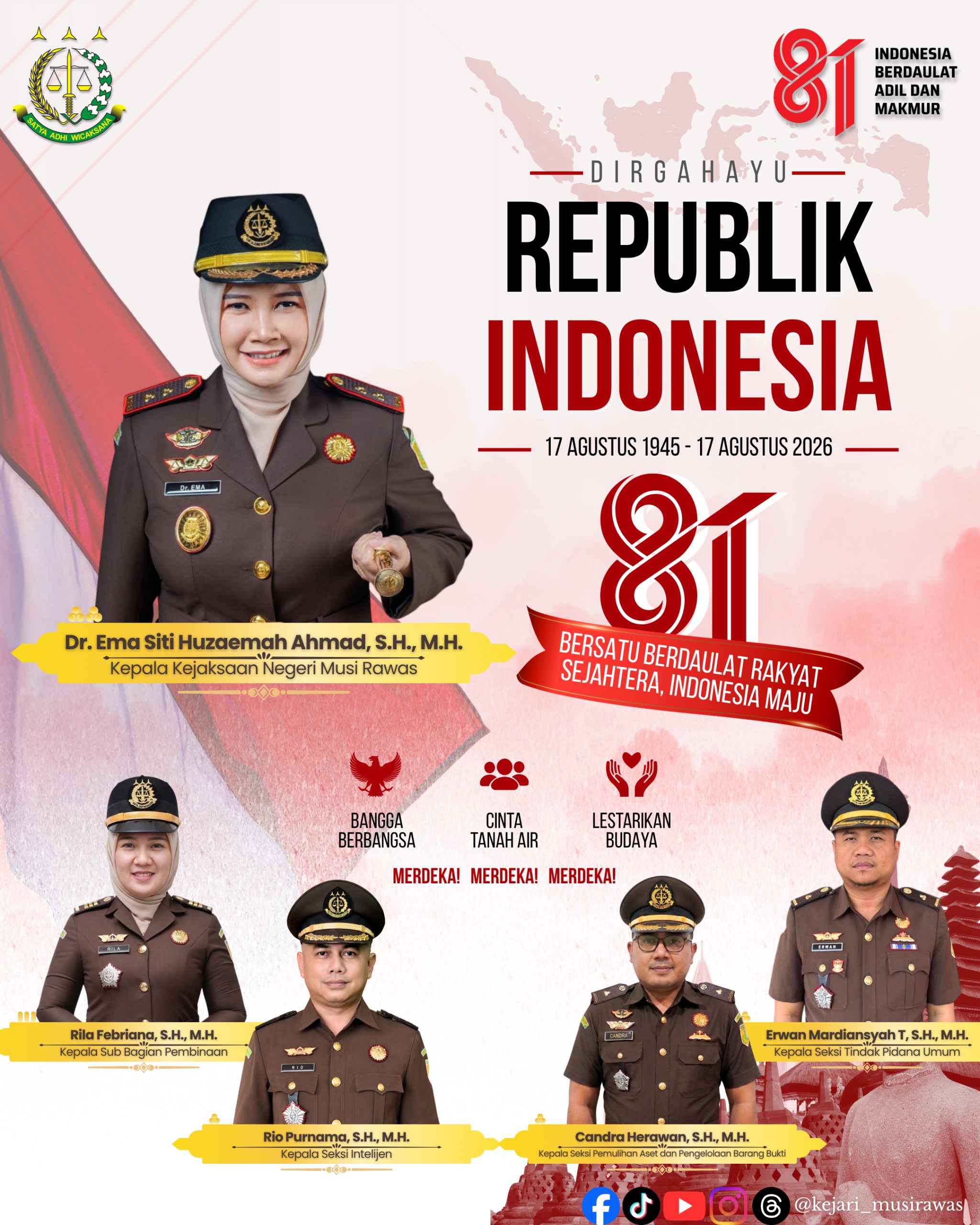 Segenap Keluarga Besar Kejaksaan Negeri Musi Rawas mengucapkan Selamat Hari Ulang Tahun ke-81 Kemerdekaan Republik Indonesia