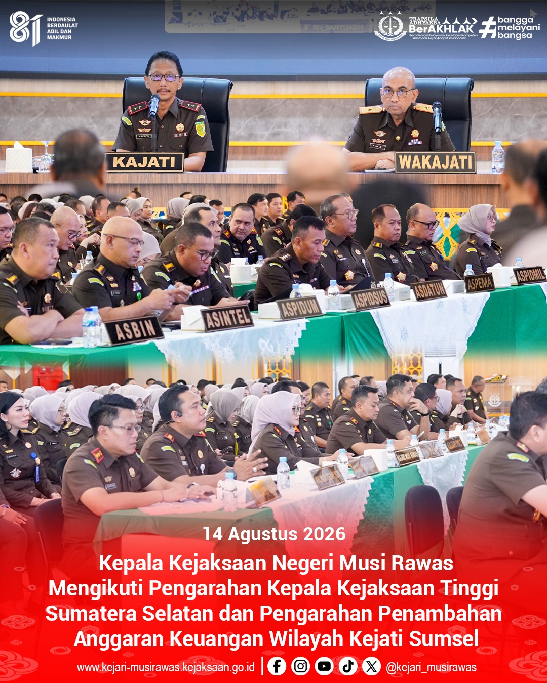 Kepala Kejaksaan Negeri Musi Rawas Dr Ema Siti Huzaemah Ahmad SH MH Menghadiri Agenda Pengarahan Kajati Sumsel dan Pengarahan Penambahan Anggaran Keuangan Wilayah Kejati Sumsel