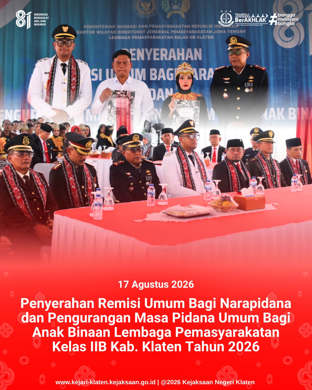 Penyerahan Remisi Umum Bagi Narapidana dan Pengurangan Masa Pidana Umum Bagi Anak Binaan Lembaga Pemasyarakatan Kelas IIB Kab Klaten Tahun 2026