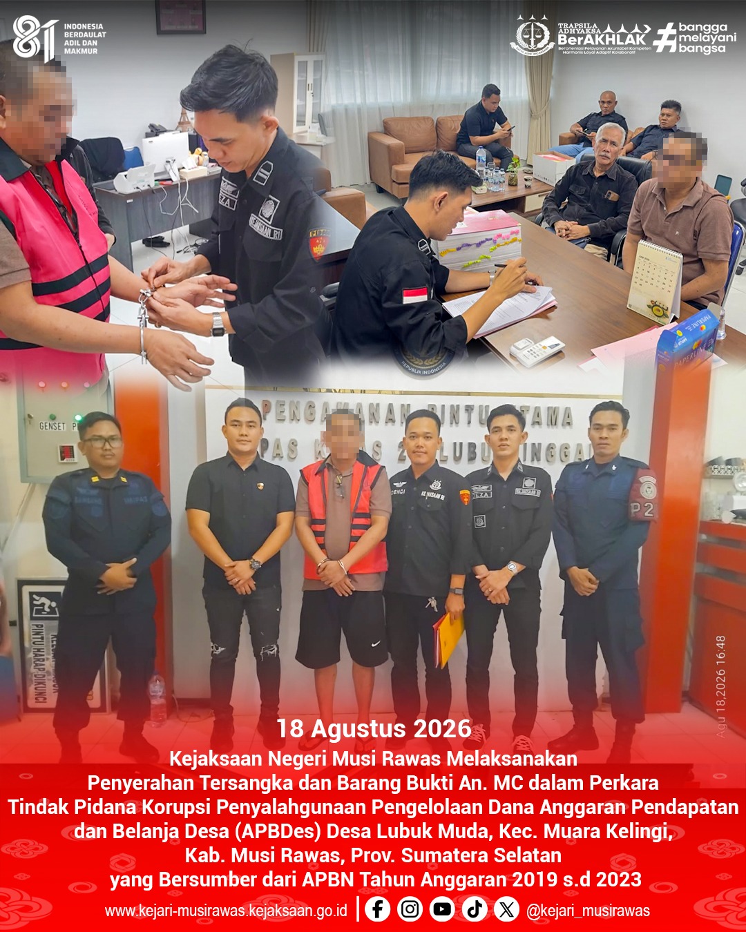 Kejaksaan Negeri Musi Rawas Serahkan Tersangka MC dan Barang Bukti Kasus Korupsi APBDes Lubuk Muda
