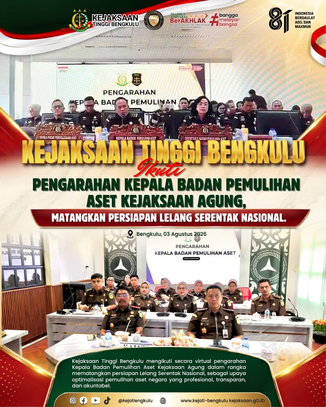 Kejaksaan Tinggi Bengkulu Ikuti Pengarahan Kepala Badan Pemulihan Aset Kejaksaan Agung Matangkan Persiapan Lelang Serentak Nasional