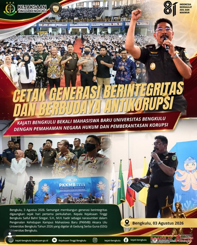 Cetak Generasi Berintegritas dan Berbudaya Antikorupsi Kajati Bengkulu Bekali Mahasiswa Baru Universitas Bengkulu dengan Pemahaman Negara Hukum dan Pemberantasan Korupsi