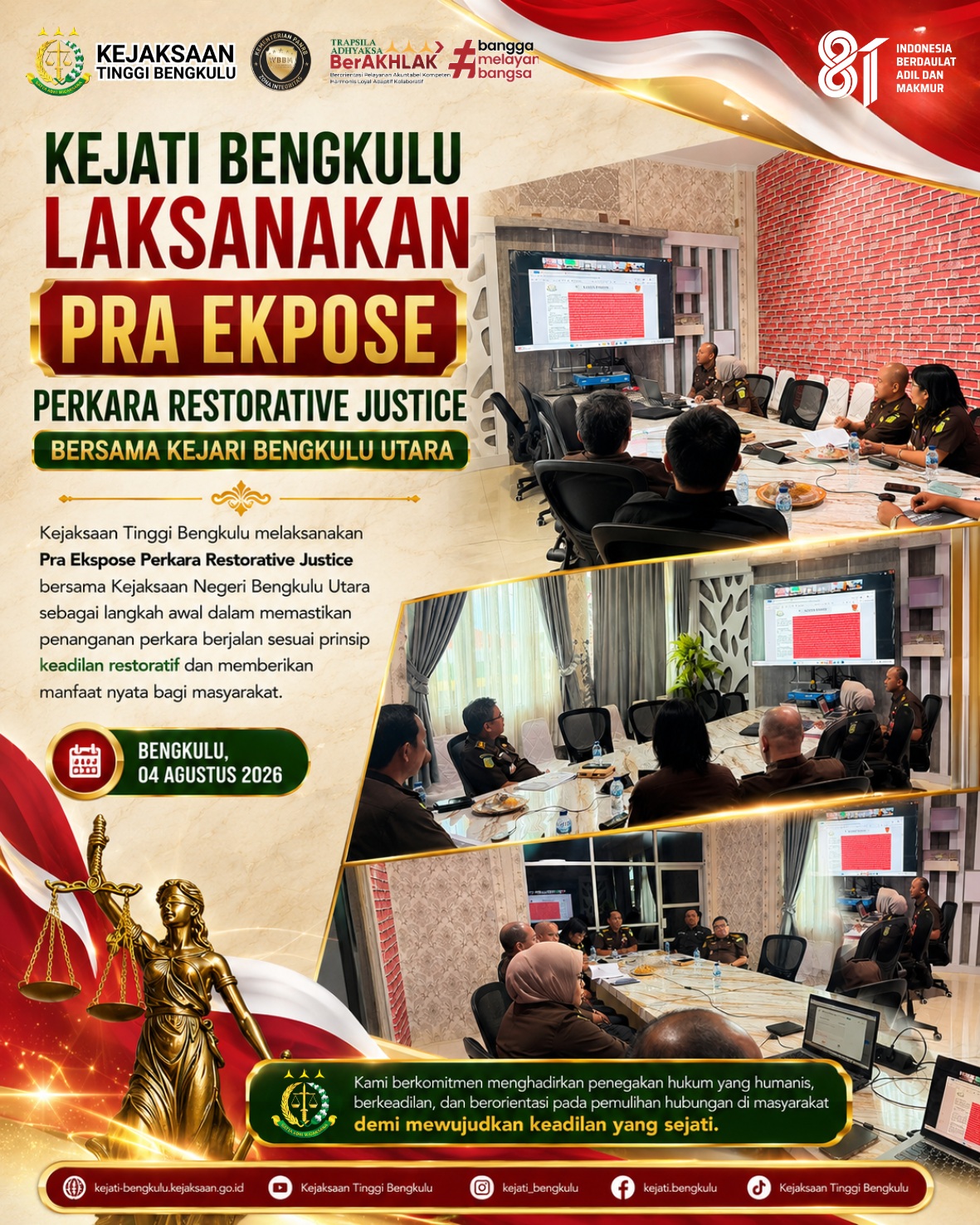 Kejati Bengkulu Laksanakan Pra Ekspose Perkara Restorative Justice Bersama Kejari Bengkulu Utara