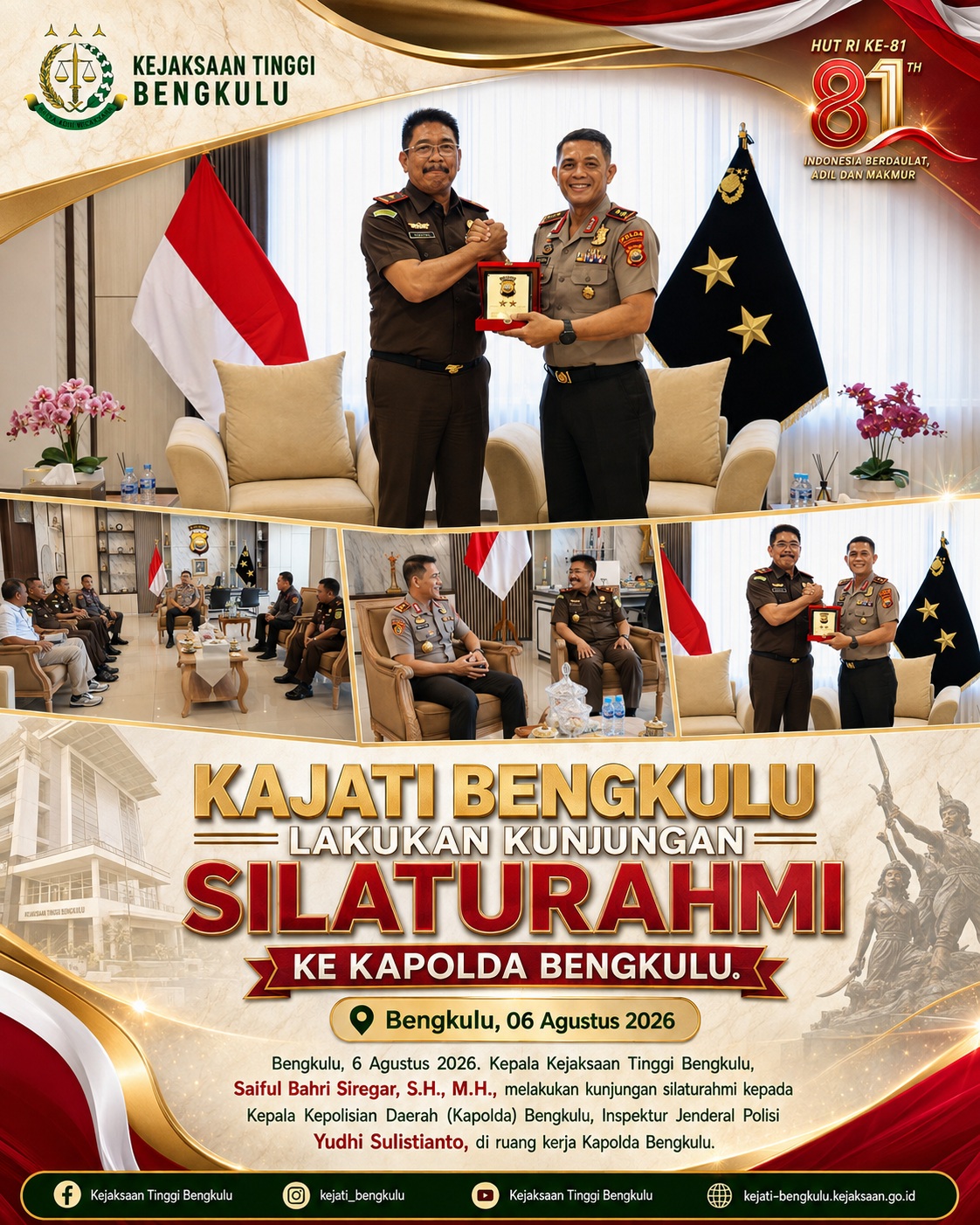 Kajati Bengkulu Lakukan Kunjungan Silaturahmi ke Kapolda Bengkulu