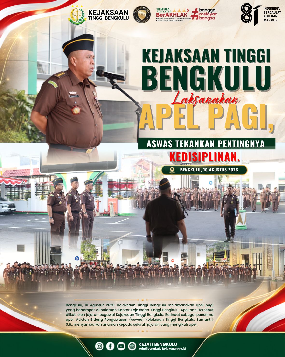 Kejaksaan Tinggi Bengkulu Laksanakan Apel Pagi Aswas Tekankan Pentingnya Kedisiplinan