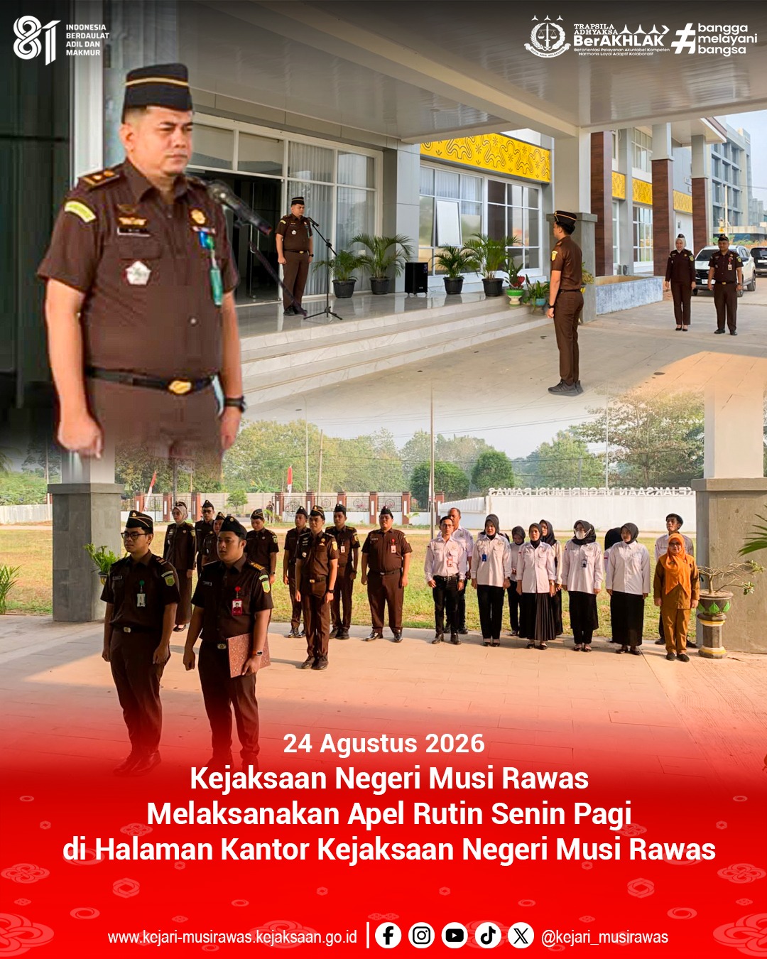 Kepala Seksi Intelijen Kejaksaan Negeri Musi Rawas Rio Purnama SH MH menjadi penerima Apel Senin Pagi Jajaran Kejaksaan Negeri Musi Rawas