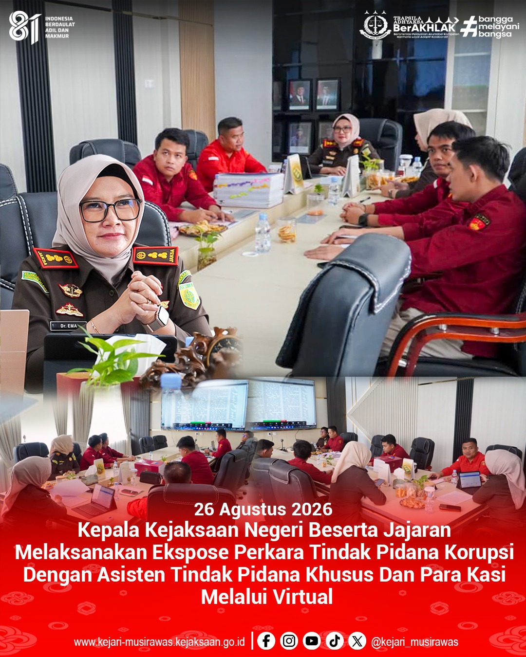 Kepala Kejaksaan Negeri Musi Rawas Dr Ema Siti Huzaemah Ahmad SH MH melaksanakan ekspose perkara tindak pidana korupsi dengan Aspidsus dan para Kasi melalui virtual meeting