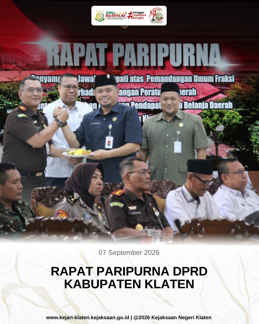 Rapat Paripurna DPRD Klaten Penyampaian Jawaban Bupati atas Pemandangan Umum Fraksi terhadap Rancangan Peraturan Daerah tentang Perubahan Anggaran Pendapatan dan Belanja Daerah Kabupaten Klaten Tahun 2026