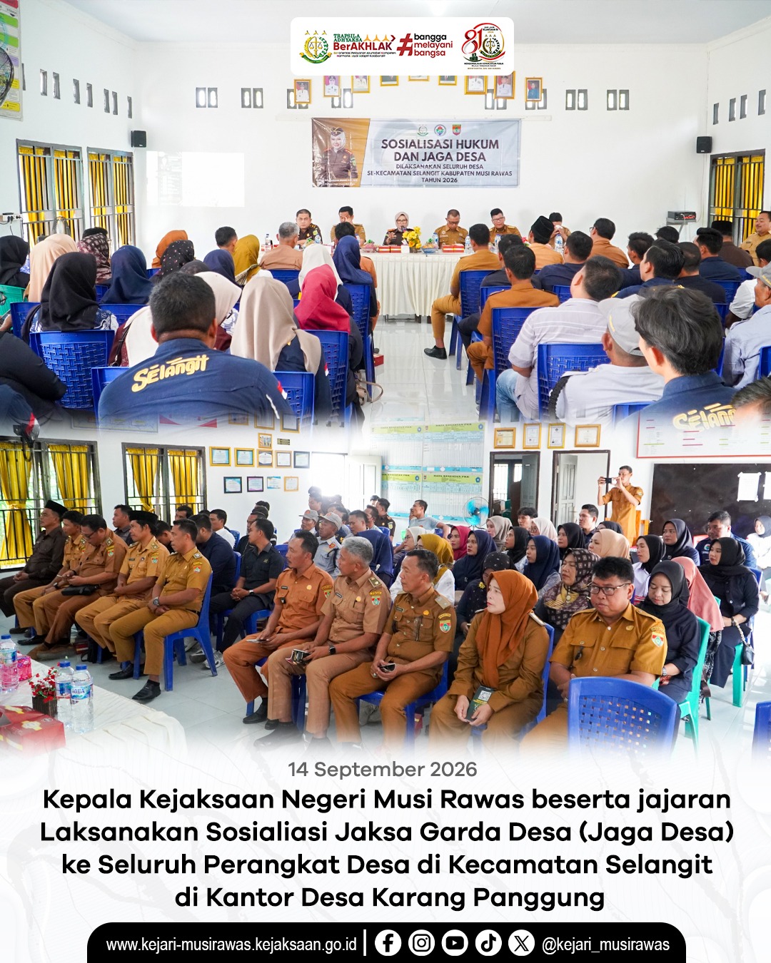 Kepala Kejaksaan Negeri Musi Rawas Dr Ema Siti Huzaemah Ahmad SH MH beserta Kepala Seksi Intelijen Rio Purnama SH MH dan jajaran melaksanakan penerangan hukum jaksa garda desa di Kecamatan Selangit