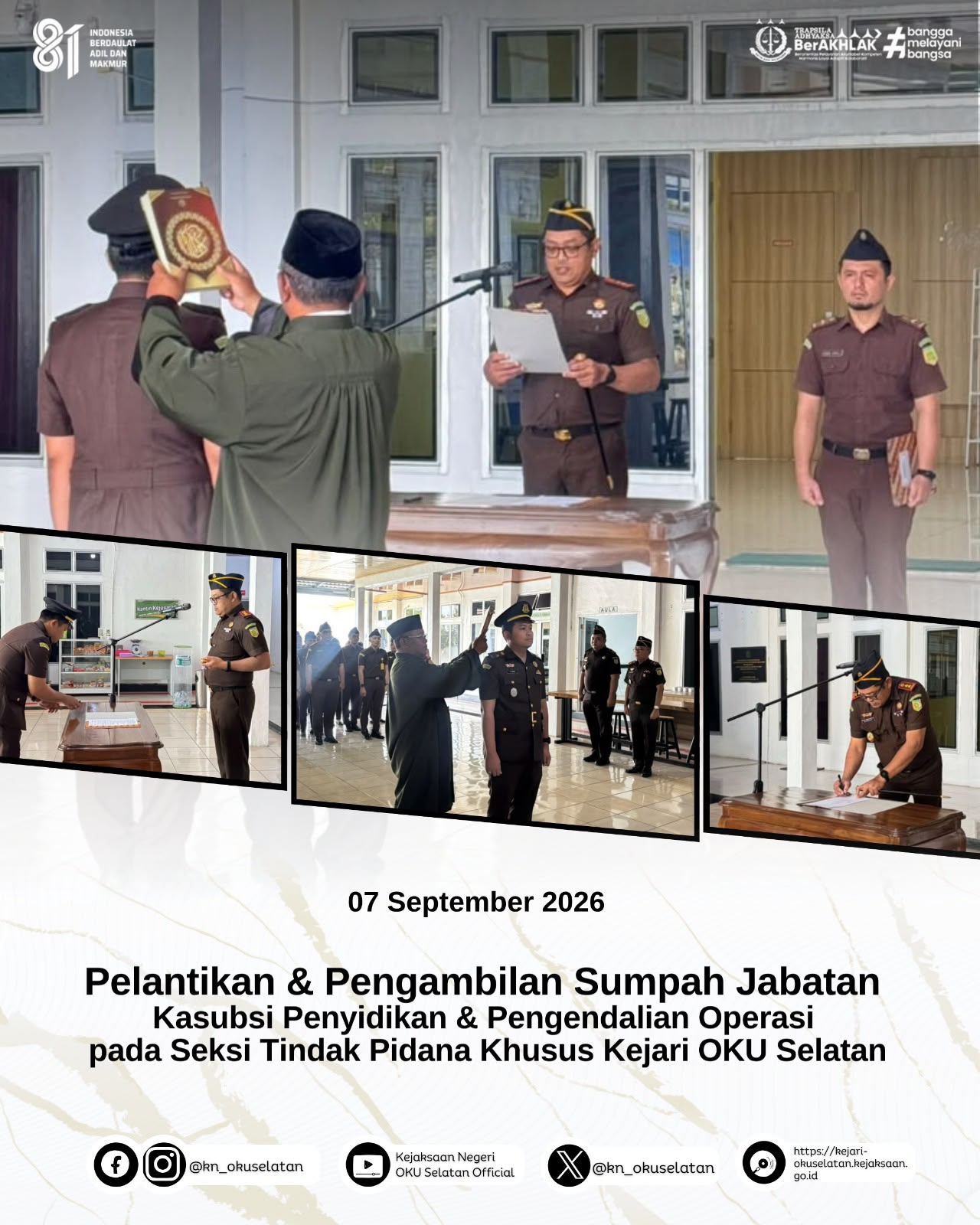 Kejari OKU Selatan Laksanakan Pelantikan dan Pengambilan Sumpah Jabatan Kasubsi Penyidikan