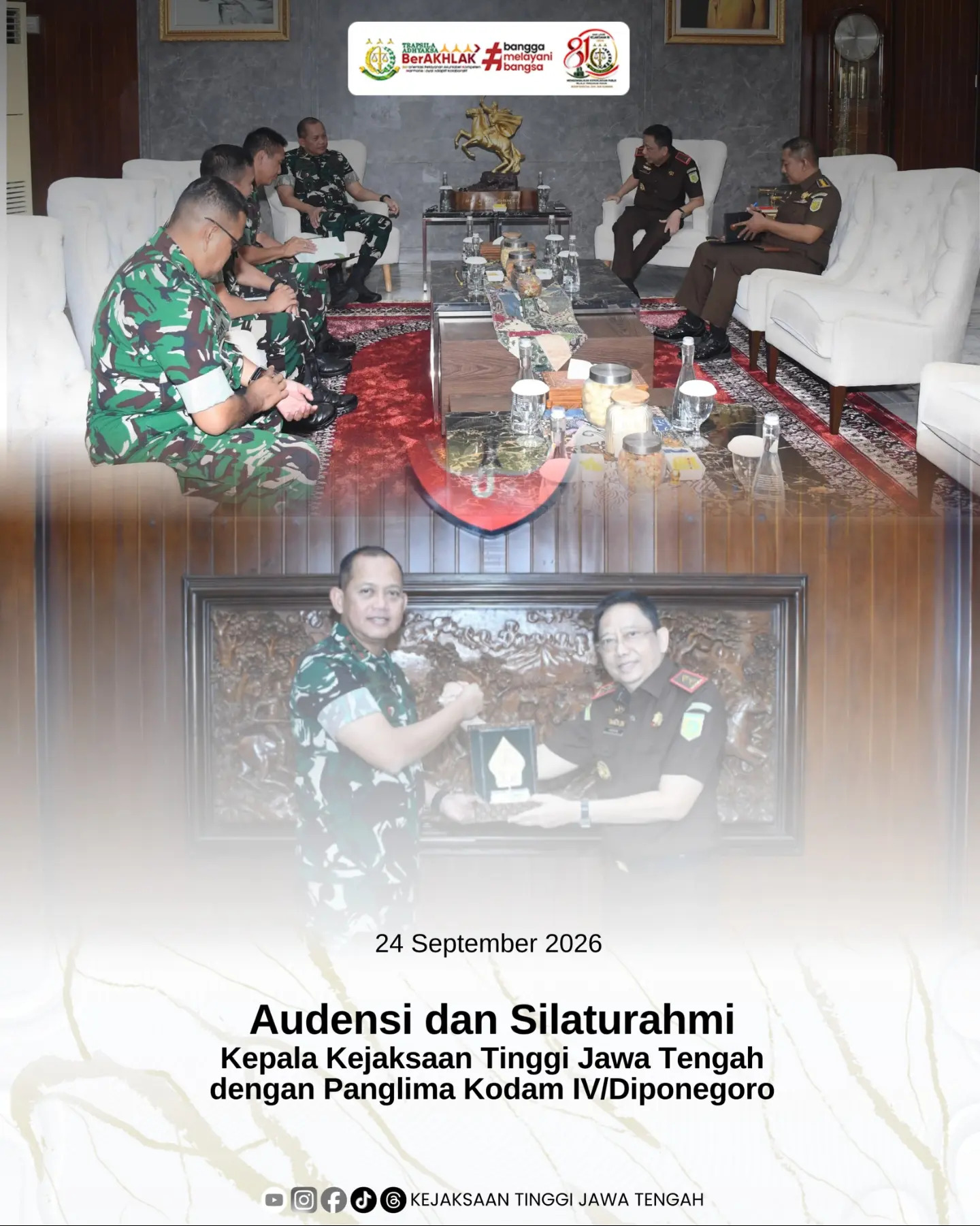 Audiensi dan Silaturahmi Kajati Jateng dengan Pangdam IVDiponegoro