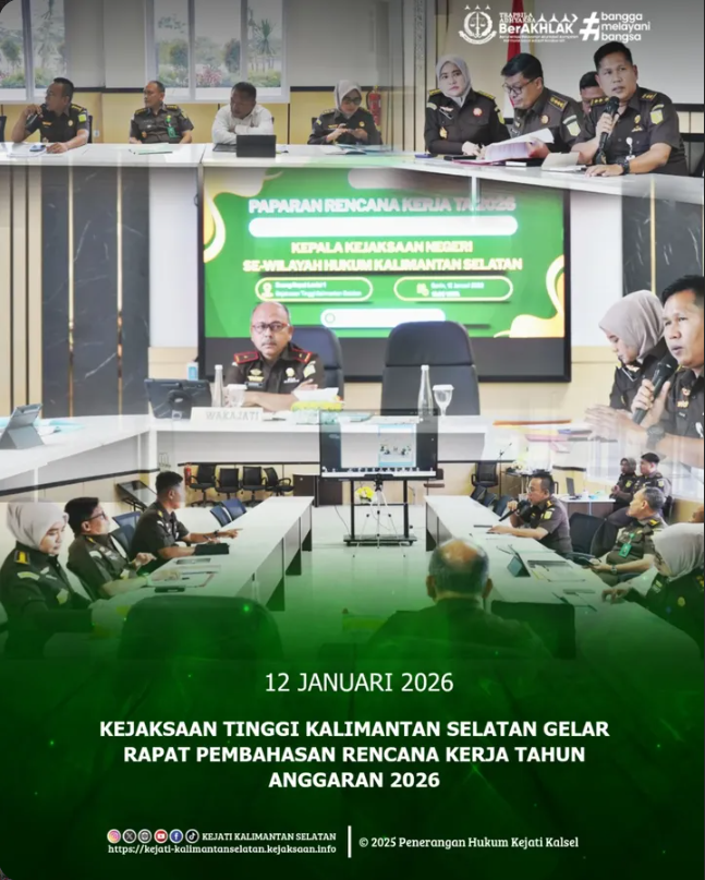 Wakil Kepala Kejaksaan Tinggi Kalimantan Selatan Sugiyanta SH MH bersama para Asisten dan Kepala Tata Usaha Kejaksaan Tinggi Kalimantan Selatan melaksanakan rapat pembahasan Rencana Kerja Tahun Anggaran 2026