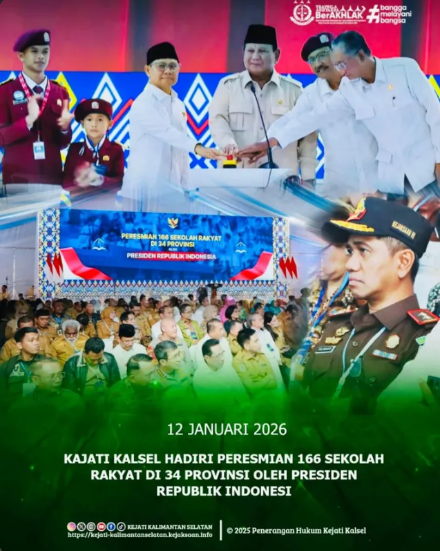 Presiden Republik Indonesia melaksanakan kunjungan kerja ke Provinsi Kalimantan Selatan pada Senin 12 Januari 2026 dalam rangka peresmian 166 Sekolah Rakyat di 34 provinsi di seluruh Indonesia
